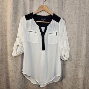 My Michelle Sheer Lightweight Blouse Women's S White/Black 3/4 Roll Tab Sleeves‎